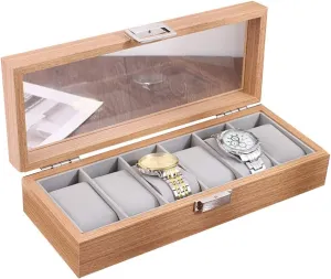 Elegant Large Wooden Watch Box Organizer for Men Women with 6 Slots, Transparent top, Portable Watch Holder Mens Watches Case Storage Best Gift for The Husband/Friend, 30x 12 x 7cm