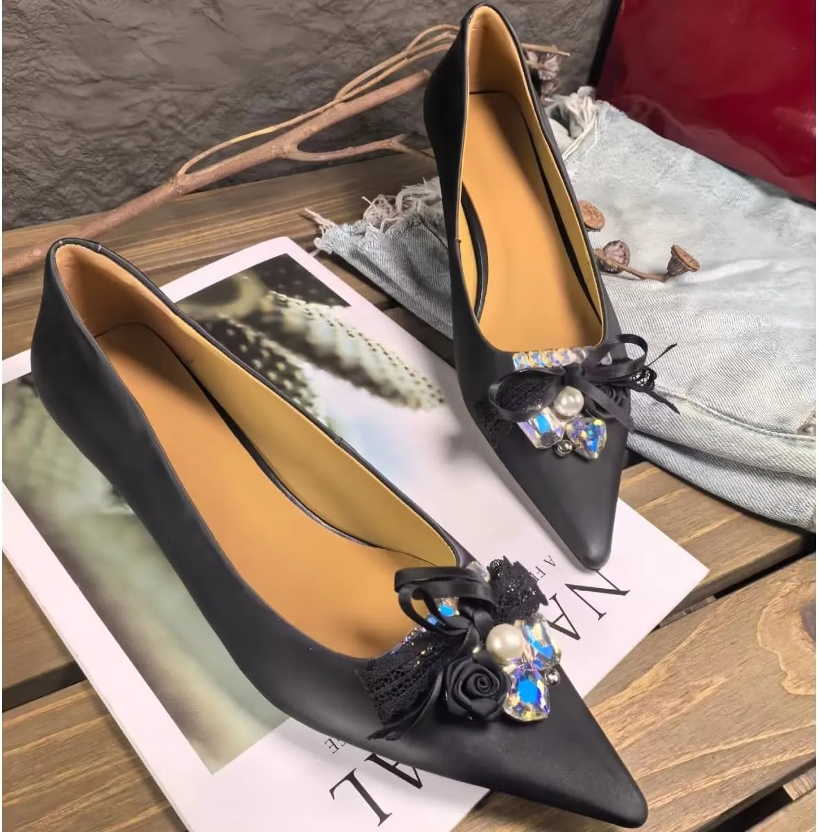 Elegant Rhinestone & Lace Bow Women's Pointed Toe Kitten Heel Pumps Genuine Leather Wedding & Party Shoes