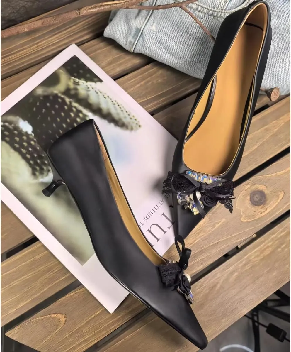 Elegant Rhinestone & Lace Bow Women's Pointed Toe Kitten Heel Pumps Genuine Leather Wedding & Party Shoes