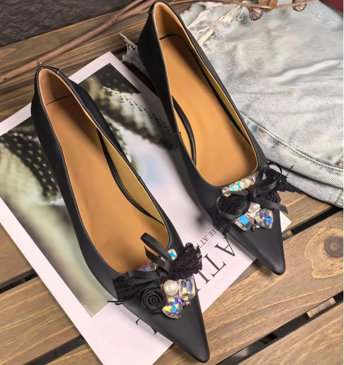 Elegant Rhinestone & Lace Bow Women's Pointed Toe Kitten Heel Pumps Genuine Leather Wedding & Party Shoes