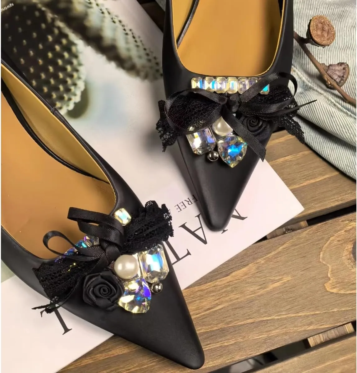 Elegant Rhinestone & Lace Bow Women's Pointed Toe Kitten Heel Pumps Genuine Leather Wedding & Party Shoes