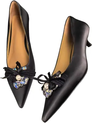Elegant Rhinestone & Lace Bow Women's Pointed Toe Kitten Heel Pumps Genuine Leather Wedding & Party Shoes