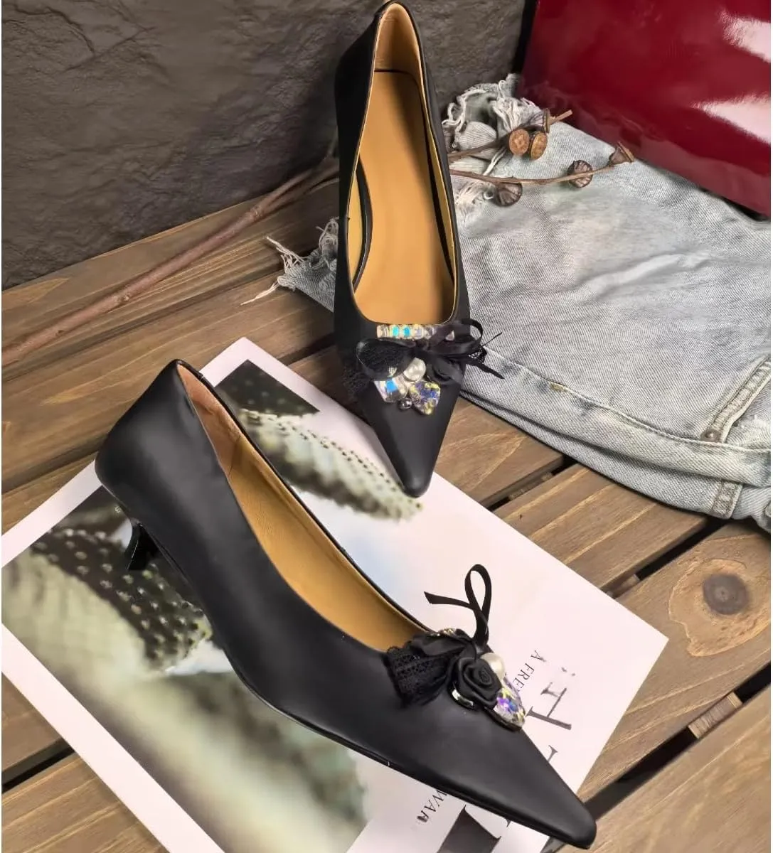 Elegant Rhinestone & Lace Bow Women's Pointed Toe Kitten Heel Pumps Genuine Leather Wedding & Party Shoes