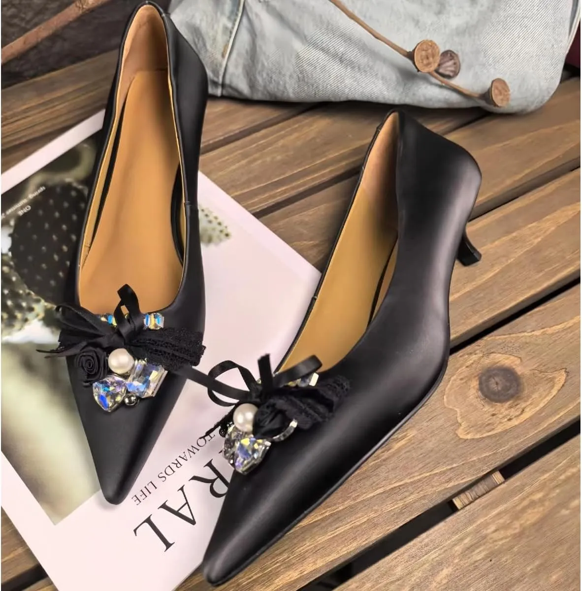 Elegant Rhinestone & Lace Bow Women's Pointed Toe Kitten Heel Pumps Genuine Leather Wedding & Party Shoes