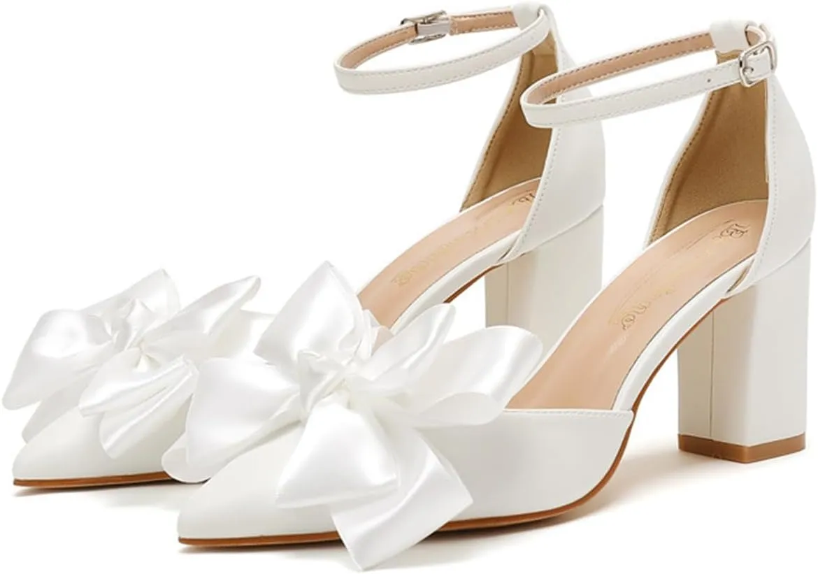 Elegant Wedding Shoes for Bride Block Heel Closed Pointed Toe Pumps