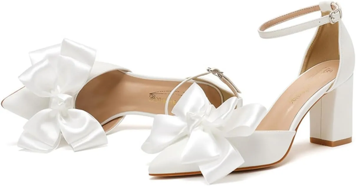 Elegant Wedding Shoes for Bride Block Heel Closed Pointed Toe Pumps