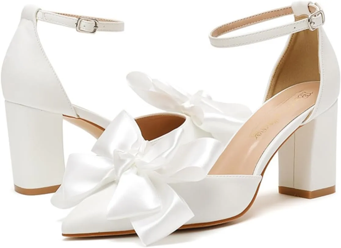 Elegant Wedding Shoes for Bride Block Heel Closed Pointed Toe Pumps