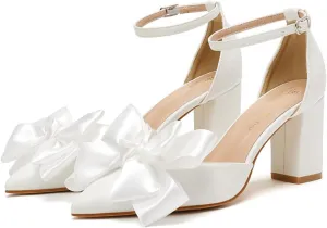 Elegant Wedding Shoes for Bride Block Heel Closed Pointed Toe Pumps