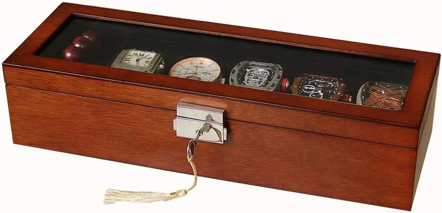 Elegant Wooden Watch Box Organizer for Men Women with 6 Slots, Transparent top, Portable Watch Holder Mens Watches Case Storage Best Gift for The Husband, (34x 12 x 8cm)