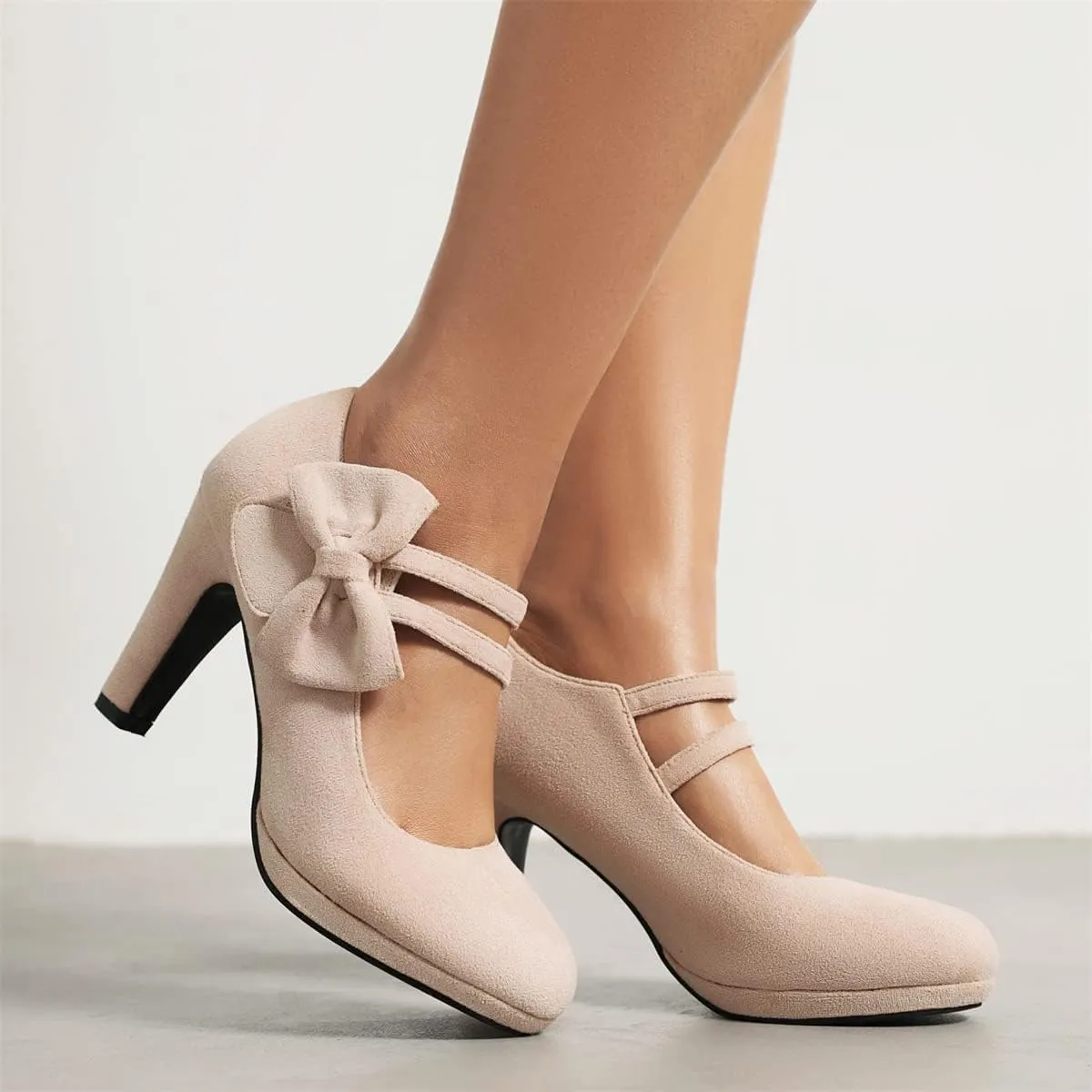 Elerhythm Women's Mary Jane Heels with Bow Retro Closed Round Toe Pumps Suede Chic Bowtie Vintage Gatsby Sweet Office Dress Daily Shoes