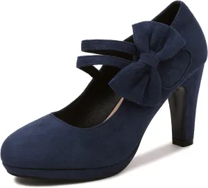 Elerhythm Women's Mary Jane Heels with Bow Retro Closed Round Toe Pumps Suede Chic Bowtie Vintage Gatsby Sweet Office Dress Daily Shoes