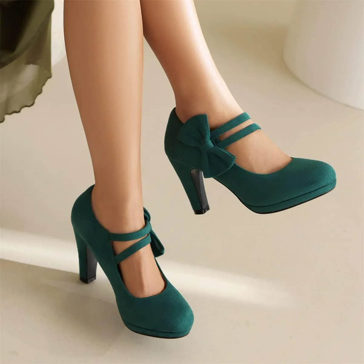 Elerhythm Women's Mary Jane Heels with Bow Retro Closed Round Toe Pumps Suede Chic Bowtie Vintage Gatsby Sweet Office Dress Daily Shoes