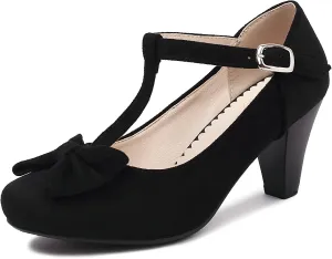 Elerhythm Women's Mary Jane Vintage Heels with Bow 1950s Pumps Closed Toe 1920s Victorian Sweet Ankle Strap Faux Suede Elegant Comfortable Formal Dressy Ladies Shoes