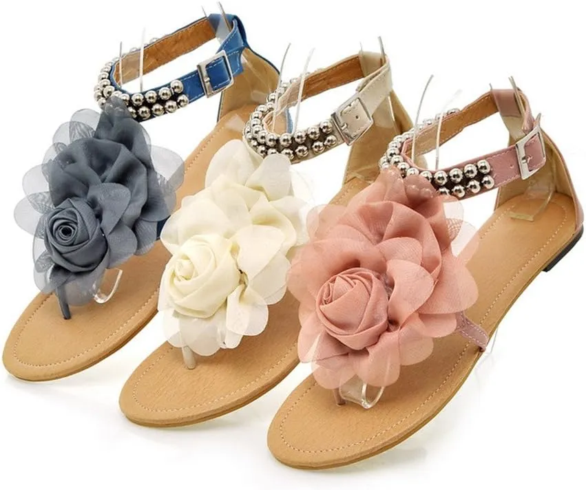ELFY Women Flat Heel Flip-flop Sandals Flower Beaded Summer Flats