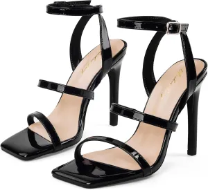 Elisabet Tang Elegant Black High Heeled Sandals for Women – Adjustable Straps, Square Toe, Stiletto Pumps for Party, Evening, and Formal Occasions