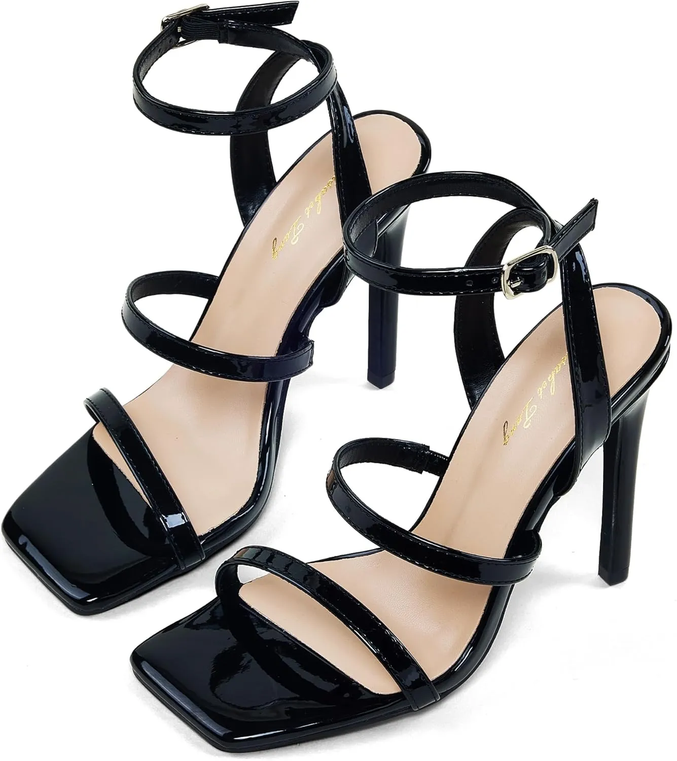 Elisabet Tang Elegant Black High Heeled Sandals for Women – Adjustable Straps, Square Toe, Stiletto Pumps for Party, Evening, and Formal Occasions