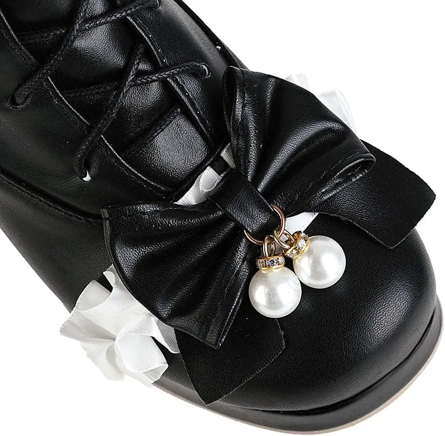 Elyffany Woman Fashion Bow Knee-hign Boots Cute Chunky Heel Lace Lolita Shoes