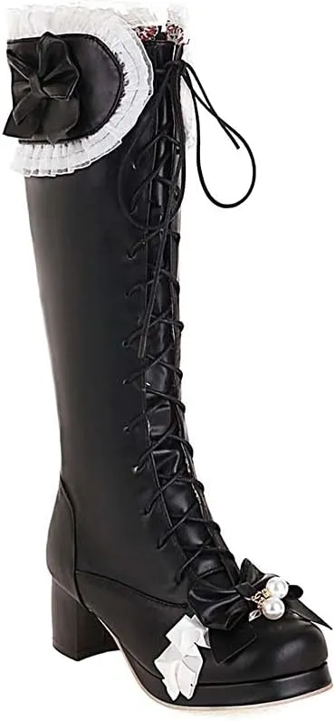 Elyffany Woman Fashion Bow Knee-hign Boots Cute Chunky Heel Lace Lolita Shoes