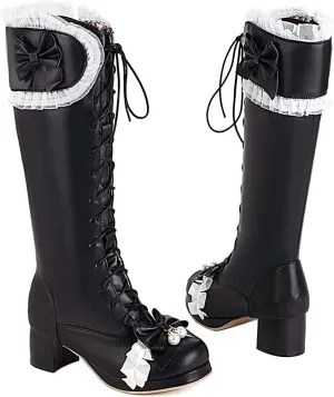 Elyffany Woman Fashion Bow Knee-hign Boots Cute Chunky Heel Lace Lolita Shoes