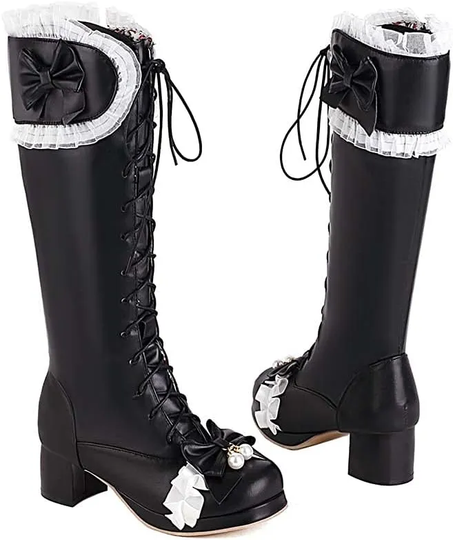 Elyffany Woman Fashion Bow Knee-hign Boots Cute Chunky Heel Lace Lolita Shoes