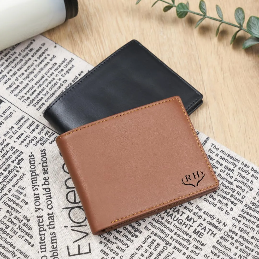 Engrave Custom Men's Leather Bifold Wallet RFID Blocking Front Pocket Security Passcase Cowhide Durable Extra Capacity Billfold 6 Credit Cards with Flip-out ID Window Classic Handmade Gift For Him
