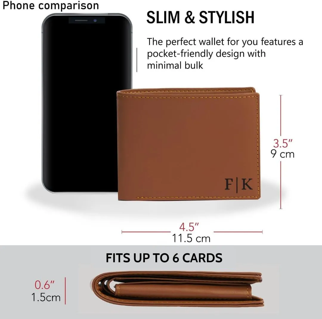 Engrave Custom Men's Leather Bifold Wallet RFID Blocking Front Pocket Security Passcase Cowhide Durable Extra Capacity Billfold 6 Credit Cards with Flip-out ID Window Classic Handmade Gift For Him