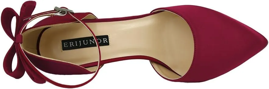 ERIJUNOR Women High Heel Bow Ankle Strap Evening Party Dance Wedding Satin Shoes