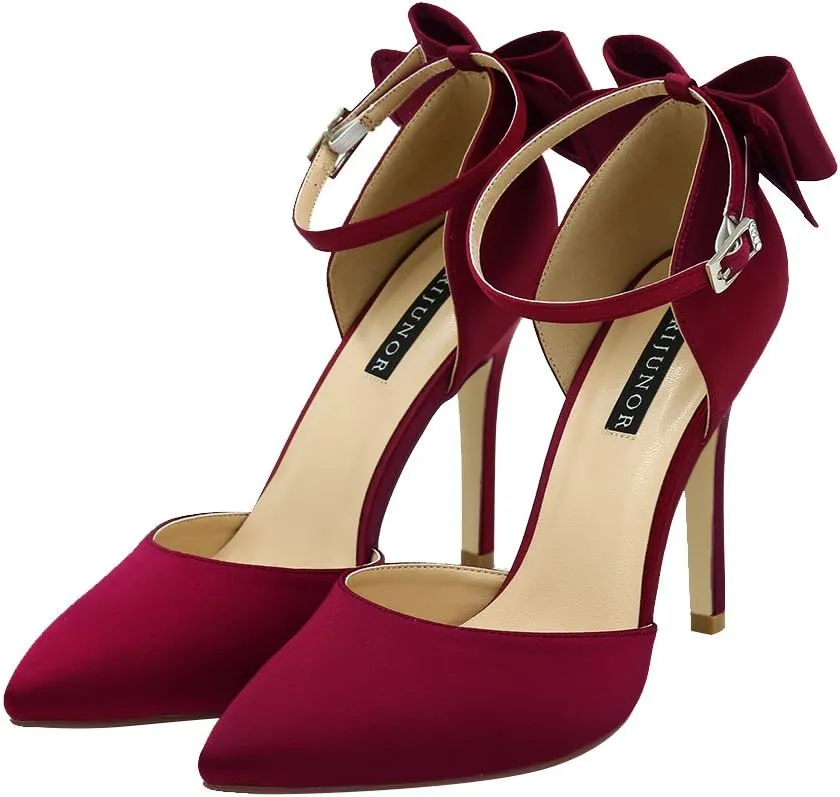 ERIJUNOR Women High Heel Bow Ankle Strap Evening Party Dance Wedding Satin Shoes
