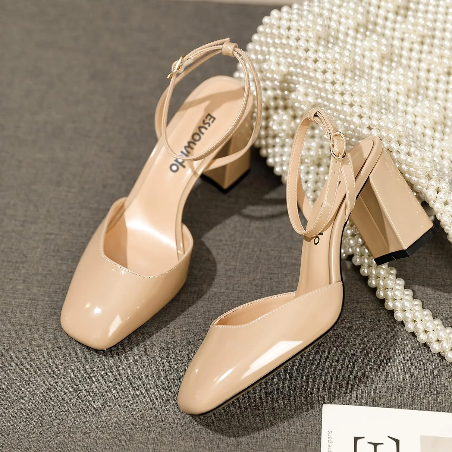 Esvowido Women's Slingback Chunky Heel Block High Heel Pumps Square Toe Adjustable Ankle Strap Sandals Wedding Party Elegant Dress Shoes