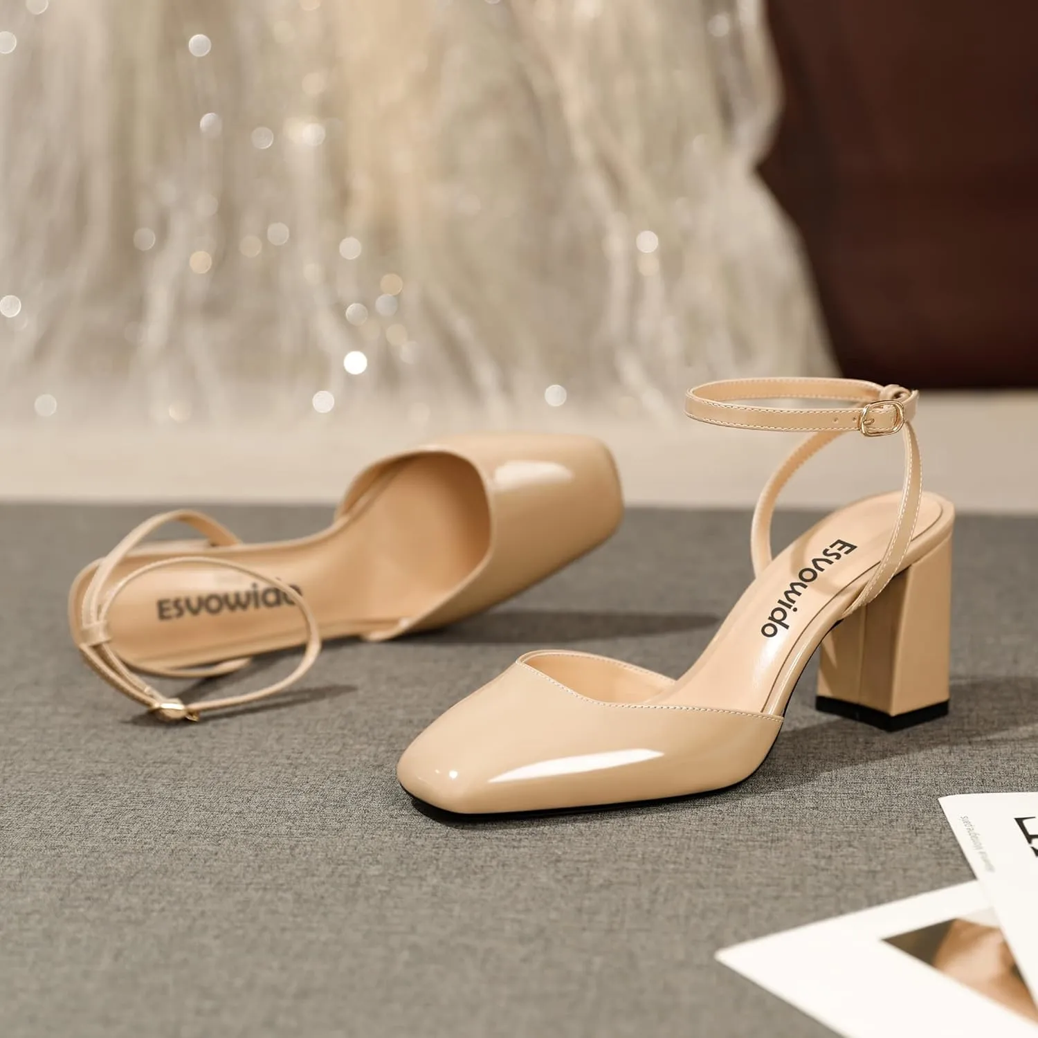 Esvowido Women's Slingback Chunky Heel Block High Heel Pumps Square Toe Adjustable Ankle Strap Sandals Wedding Party Elegant Dress Shoes