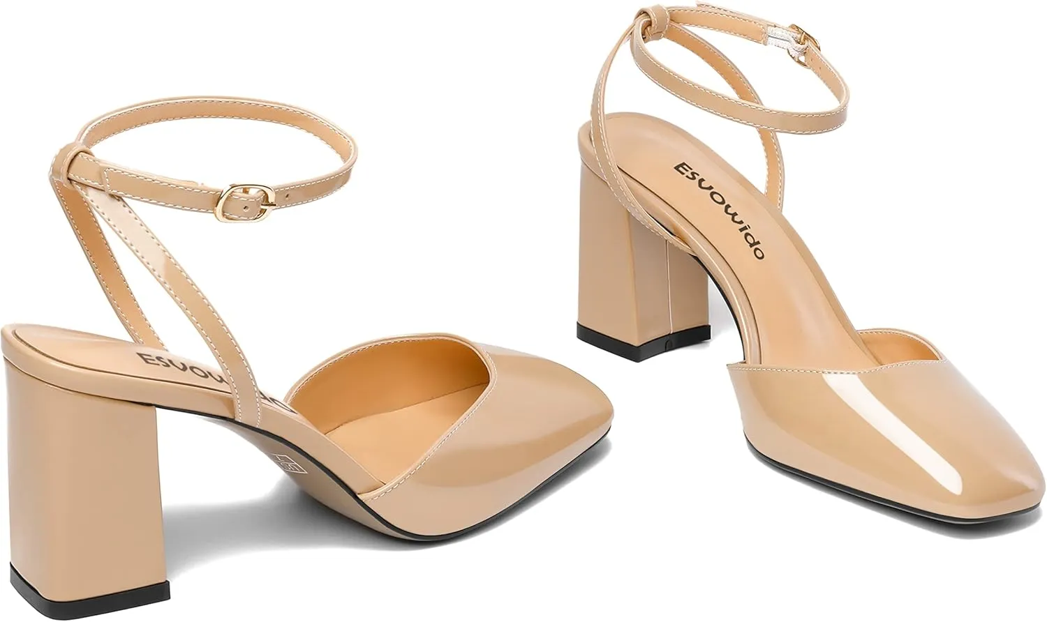 Esvowido Women's Slingback Chunky Heel Block High Heel Pumps Square Toe Adjustable Ankle Strap Sandals Wedding Party Elegant Dress Shoes