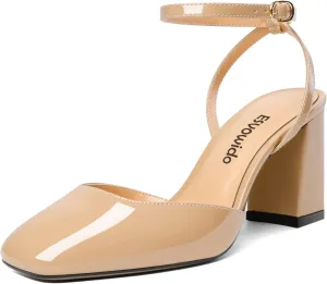 Esvowido Women's Slingback Chunky Heel Block High Heel Pumps Square Toe Adjustable Ankle Strap Sandals Wedding Party Elegant Dress Shoes