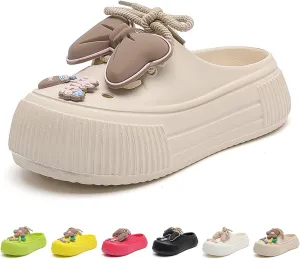 Fashion Women's Cute Clogs, Platform Lace Up Soft Bottom Bow Decoration Shoes, Closed Toe Summer Beach Rustic Flower Casual Shoes