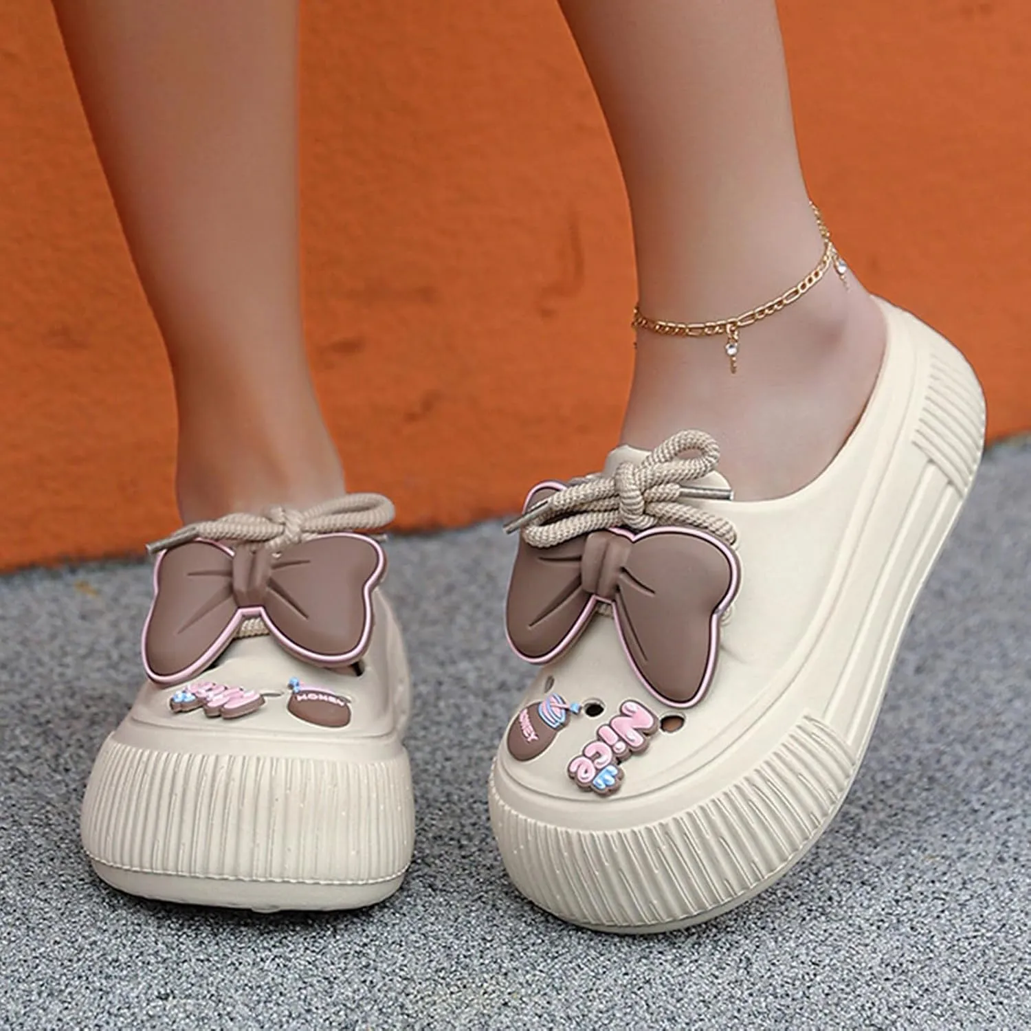 Fashion Women's Cute Clogs, Platform Lace Up Soft Bottom Bow Decoration Shoes, Closed Toe Summer Beach Rustic Flower Casual Shoes