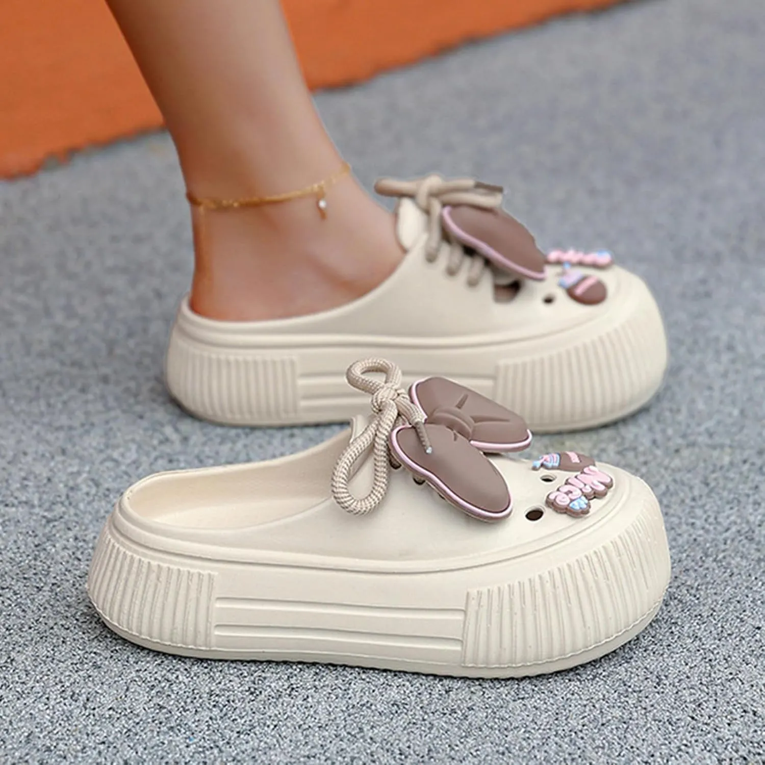 Fashion Women's Cute Clogs, Platform Lace Up Soft Bottom Bow Decoration Shoes, Closed Toe Summer Beach Rustic Flower Casual Shoes