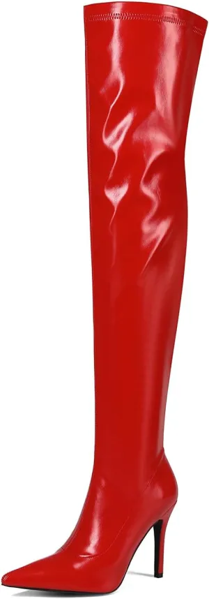 Feinlina Stiletto Heel Over The Knee High Boots Zipper Closure Pointed Toe Leather Thigh High Boots