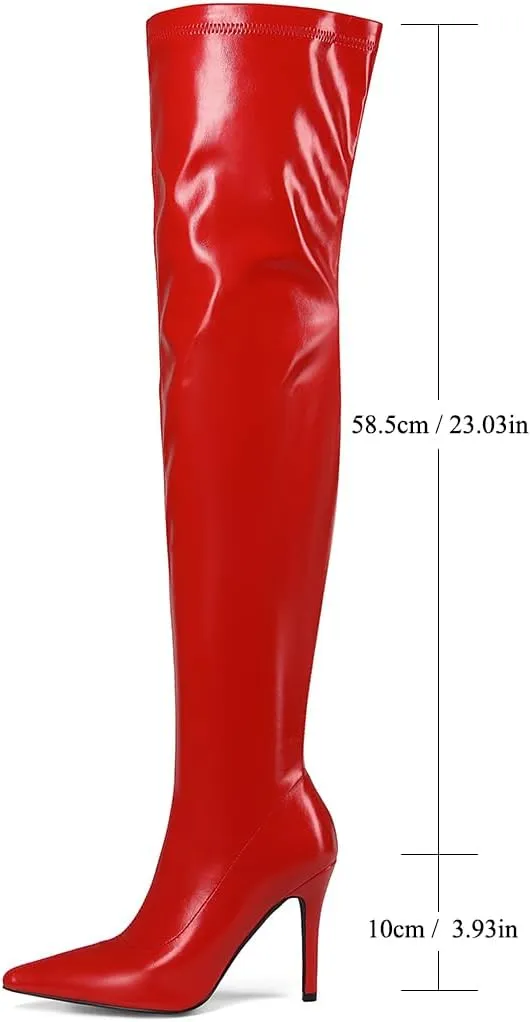 Feinlina Stiletto Heel Over The Knee High Boots Zipper Closure Pointed Toe Leather Thigh High Boots
