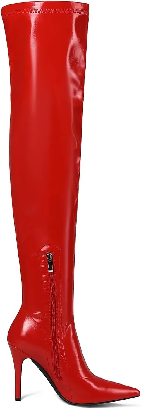 Feinlina Stiletto Heel Over The Knee High Boots Zipper Closure Pointed Toe Leather Thigh High Boots