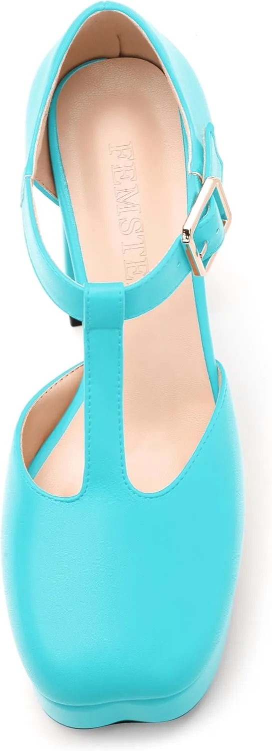 FEMSTEP Women's T-Strap Mary Jane Heels Platform High Block Chunky Square Toe Pumps Party Shopping Dating Daily Wear Dress Shoes