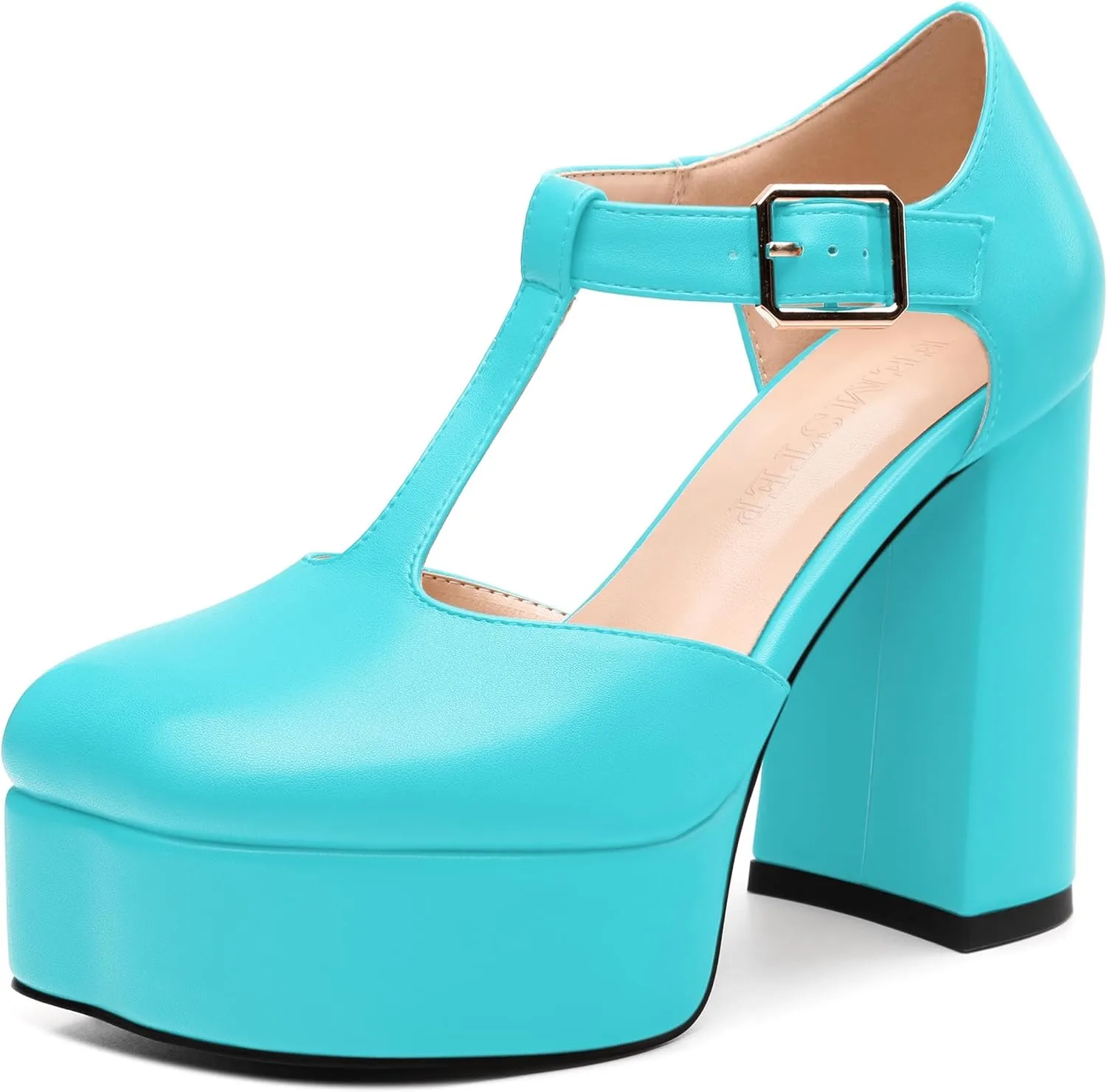 FEMSTEP Women's T-Strap Mary Jane Heels Platform High Block Chunky Square Toe Pumps Party Shopping Dating Daily Wear Dress Shoes