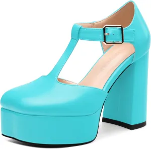 FEMSTEP Women's T-Strap Mary Jane Heels Platform High Block Chunky Square Toe Pumps Party Shopping Dating Daily Wear Dress Shoes