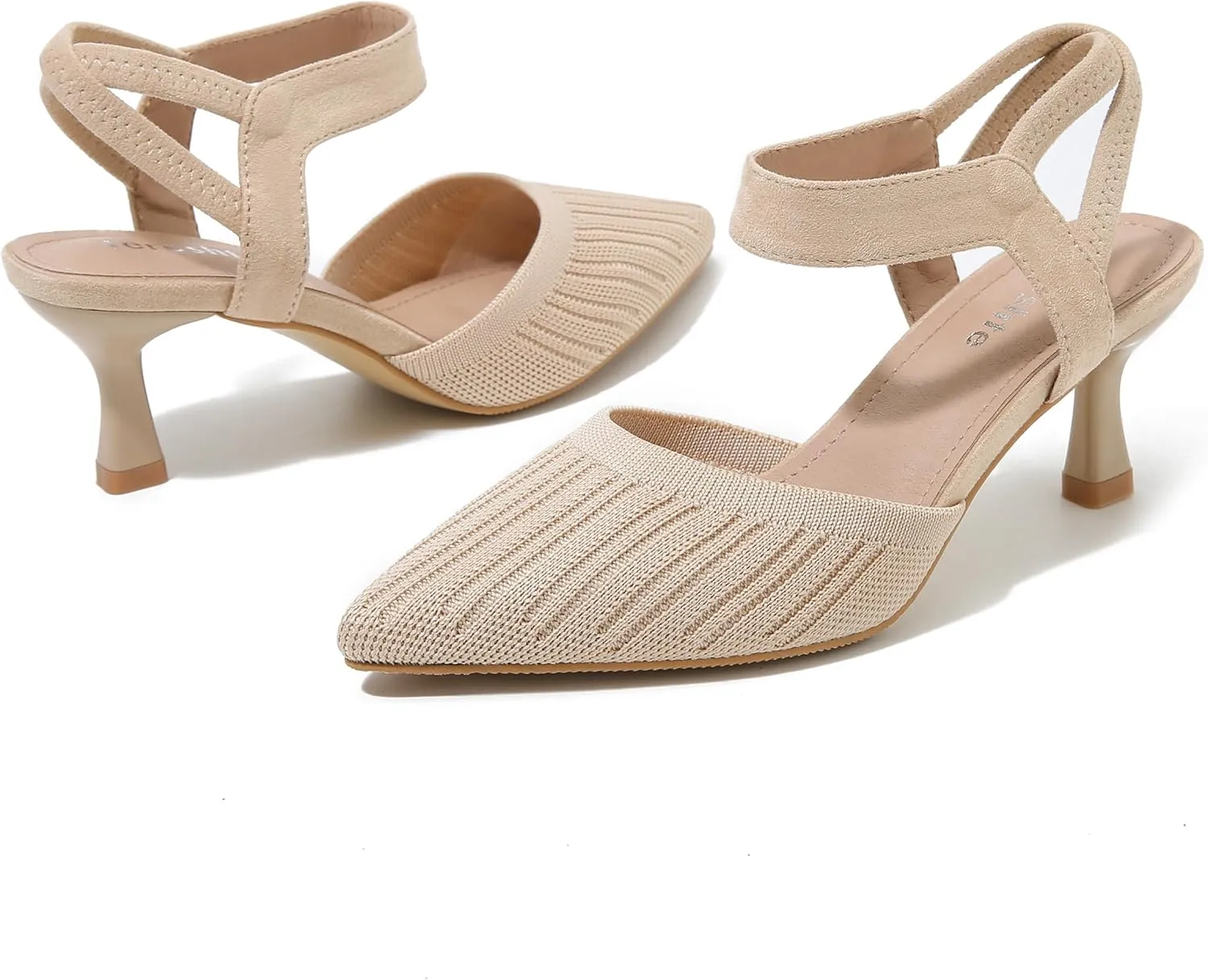 fereshte Women's Low Kitten Heels Knit Pumps Elastic Ankle Strap Slingback Dress Shoes