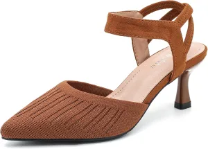 fereshte Women's Low Kitten Heels Knit Pumps Elastic Ankle Strap Slingback Dress Shoes