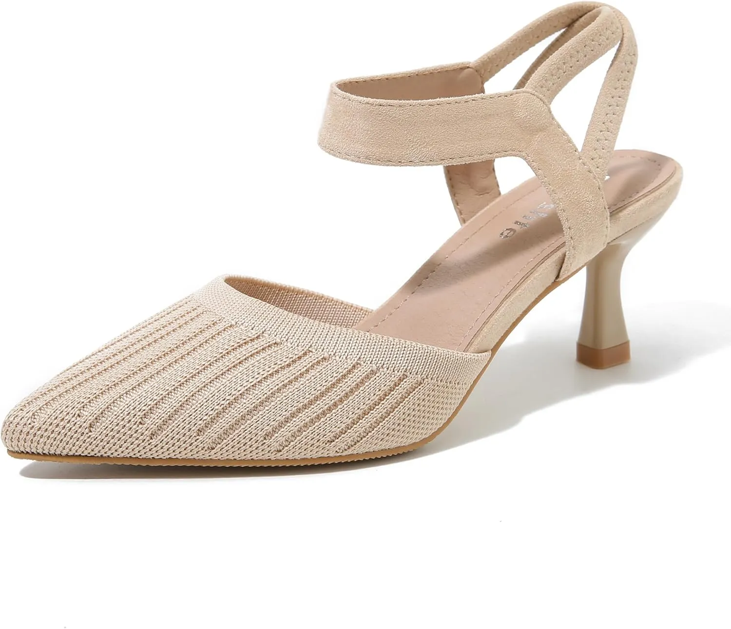 fereshte Women's Low Kitten Heels Knit Pumps Elastic Ankle Strap Slingback Dress Shoes