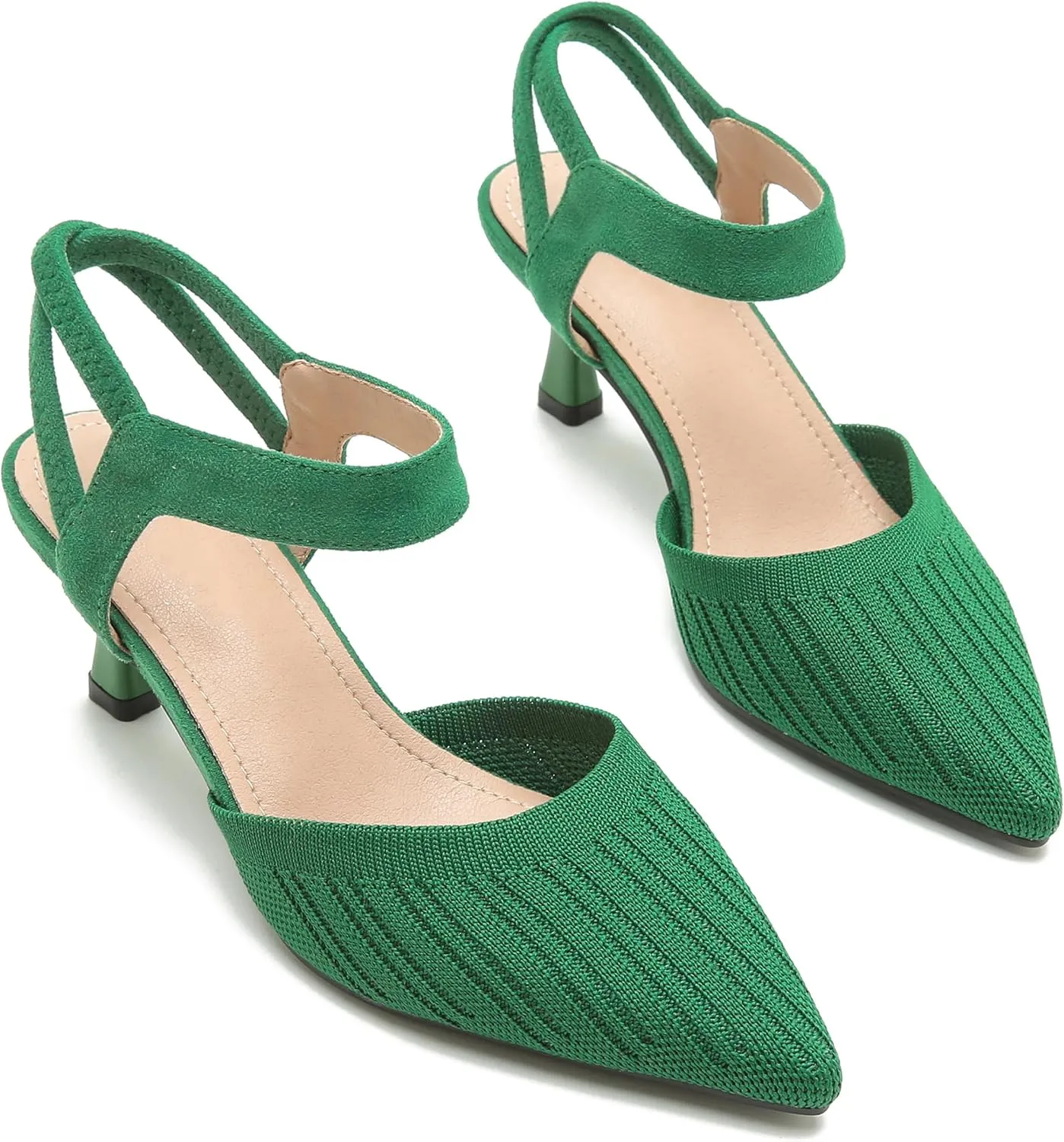 fereshte Women's Low Kitten Heels Knit Pumps Elastic Ankle Strap Slingback Dress Shoes