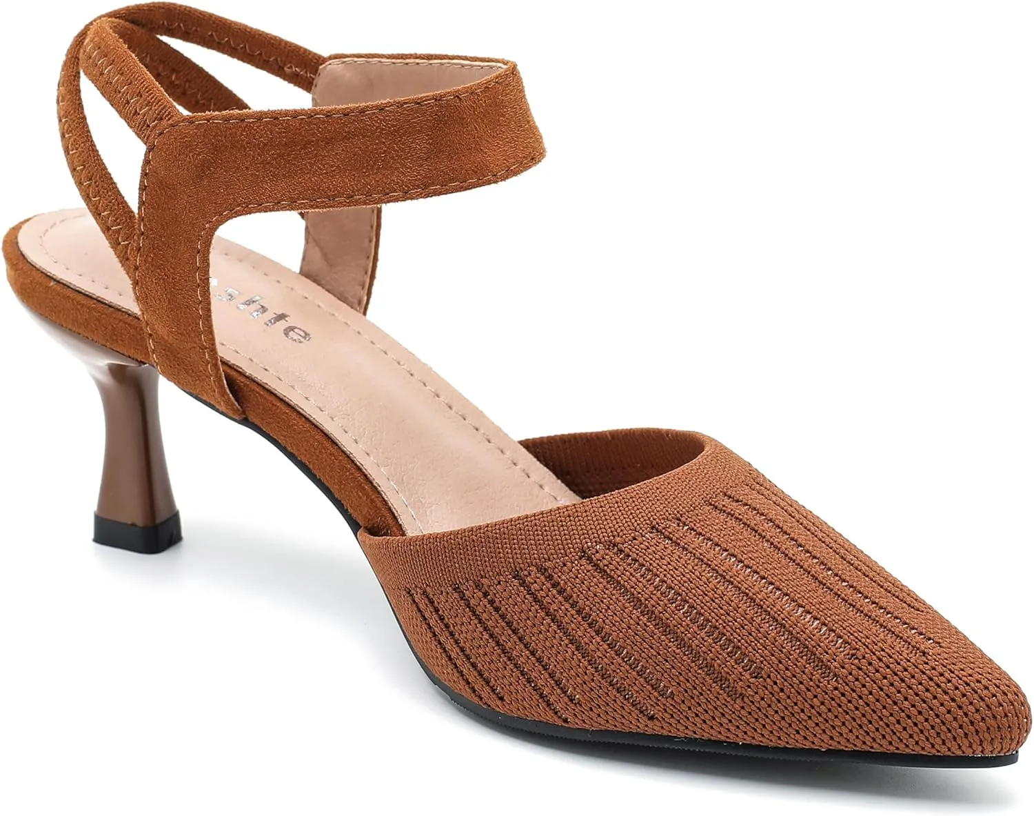 fereshte Women's Low Kitten Heels Knit Pumps Elastic Ankle Strap Slingback Dress Shoes