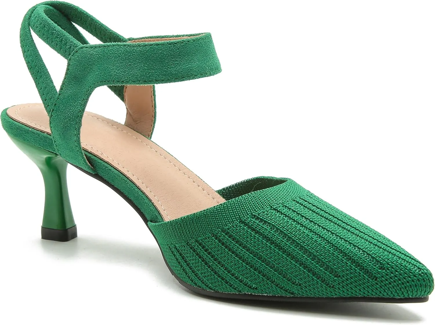 fereshte Women's Low Kitten Heels Knit Pumps Elastic Ankle Strap Slingback Dress Shoes