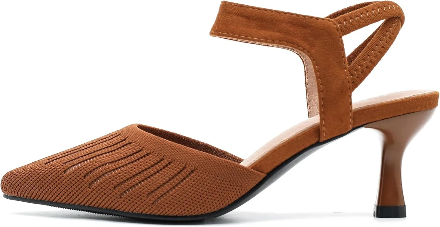 fereshte Women's Low Kitten Heels Knit Pumps Elastic Ankle Strap Slingback Dress Shoes
