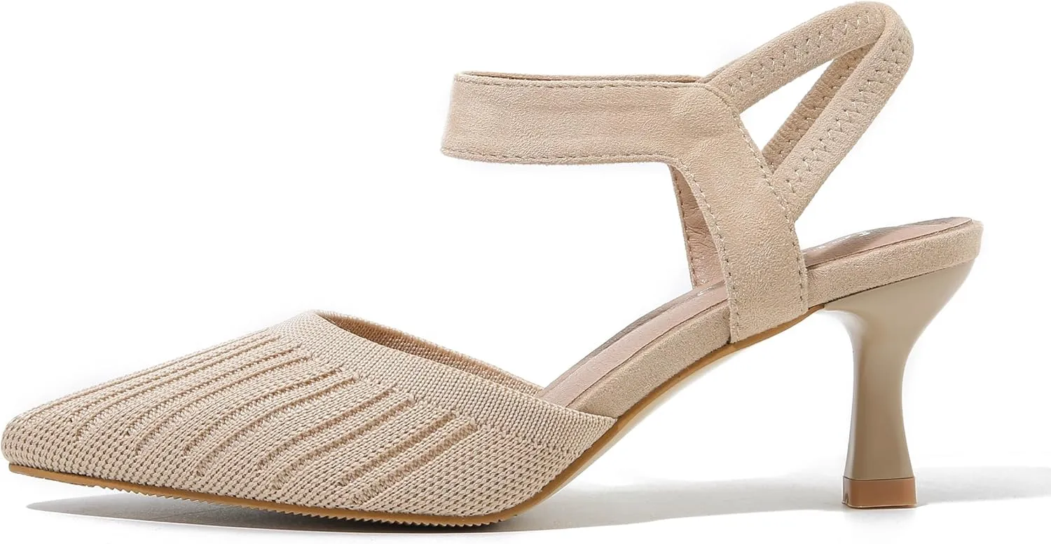 fereshte Women's Low Kitten Heels Knit Pumps Elastic Ankle Strap Slingback Dress Shoes