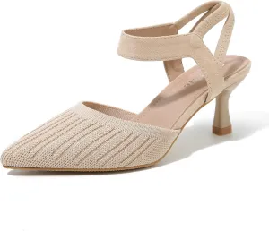 fereshte Women's Low Kitten Heels Knit Pumps Elastic Ankle Strap Slingback Dress Shoes